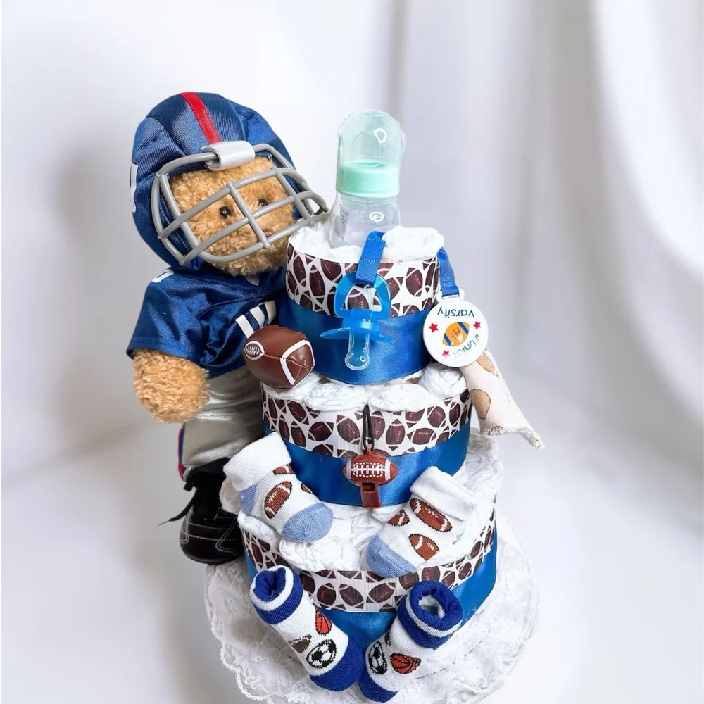 Football Themed Diaper Cake with Teddy Bear, Baby shower gift